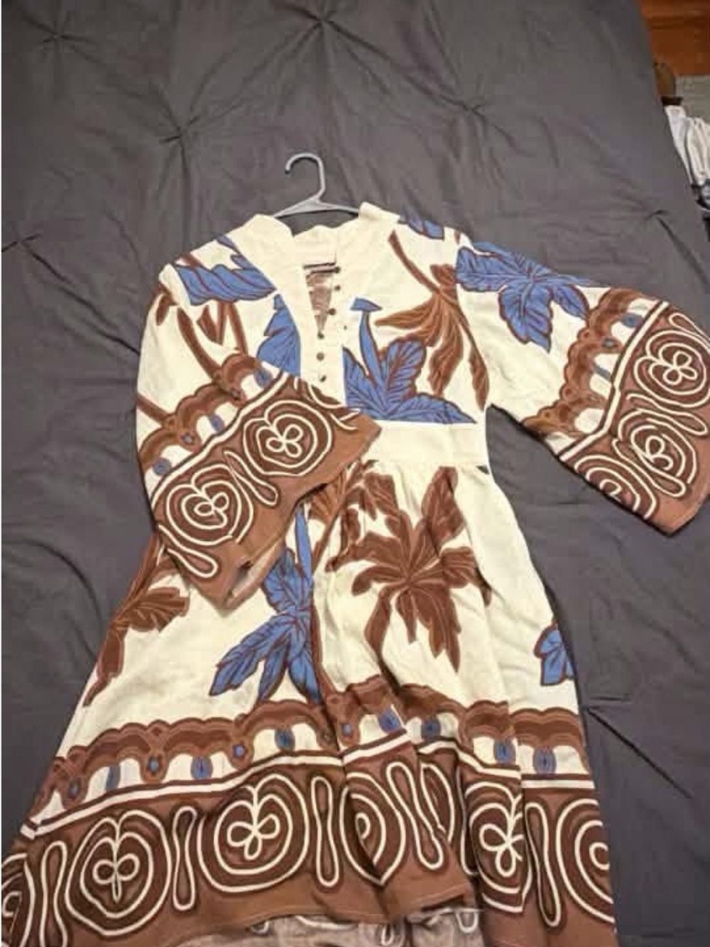 Boho Floral Midi Dress in Cream, Brown & Blue